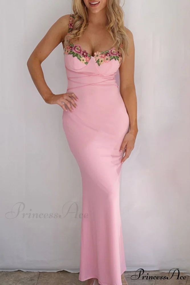 Embroidered Floral Strappy Dress Pink / M