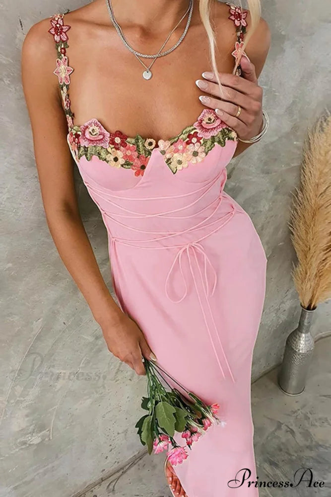 Embroidered Floral Strappy Dress Pink / S