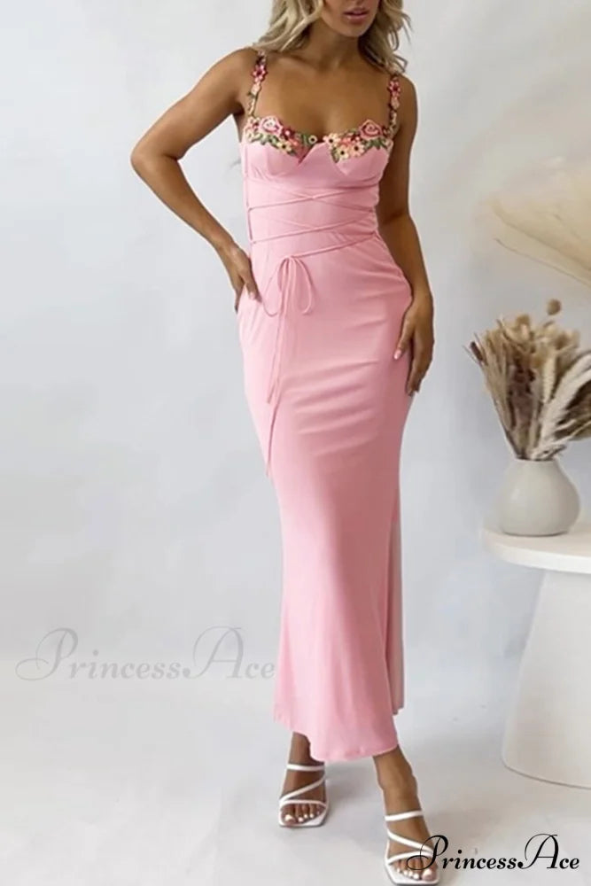 Embroidered Floral Strappy Dress Pink / XL