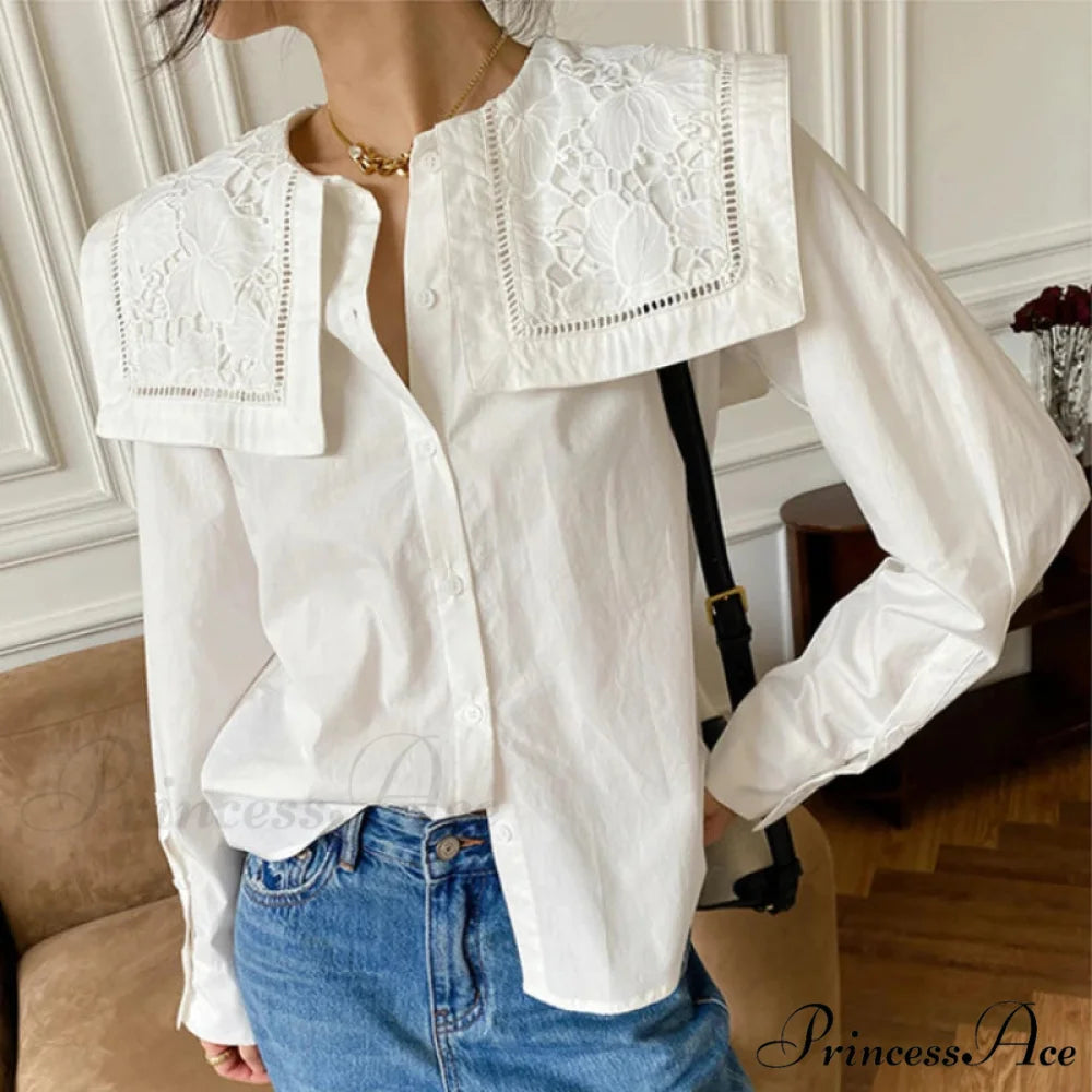 Embroidered Flower Neck Long Sleeve Cotton Boho Top bohoblouse-250126