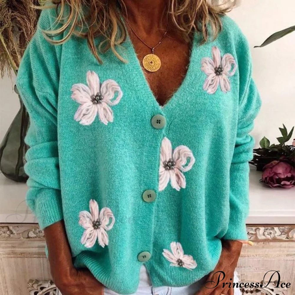 Embroidered Flowered Cardigan Green / S