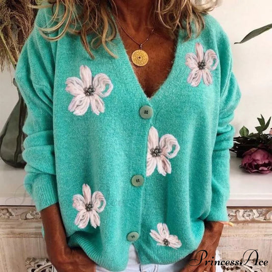 Embroidered Flowered Cardigan Green / S