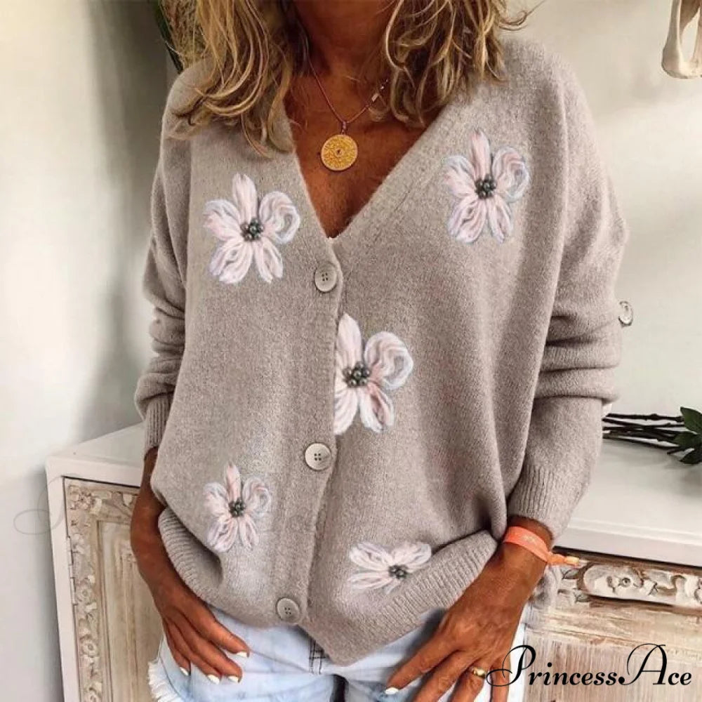 Embroidered Flowered Cardigan Grey / S