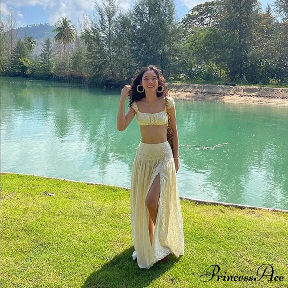 Embroidered Print Bralette Charming And Maxi Skirt Set