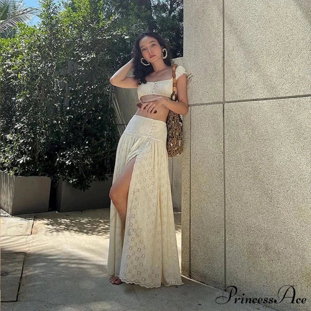 Embroidered Print Bralette Charming And Maxi Skirt Set