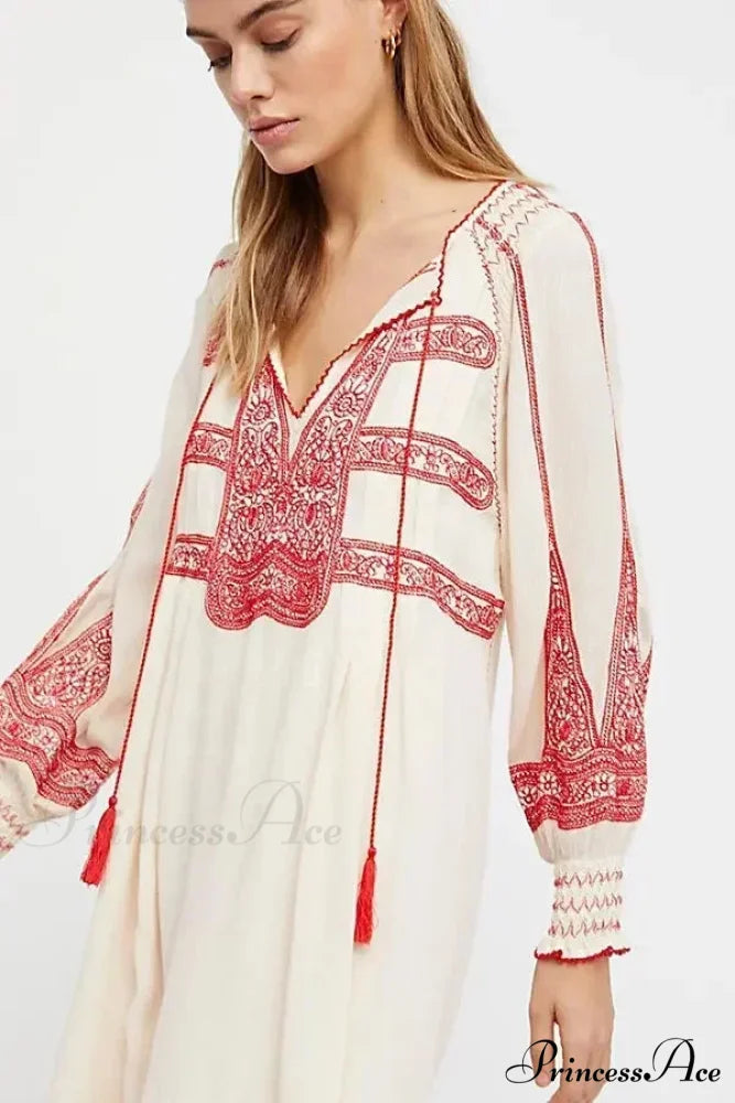 Embroidered Tassel Large Cotton Boho Dress Beige / S bohodress-250126