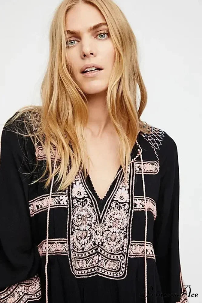 Embroidered Tassel Large Cotton Boho Dress Black / S bohodress-250126