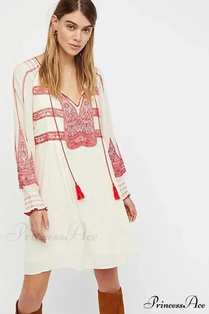 Embroidered Tassel Large Cotton Boho Dress bohodress-250126