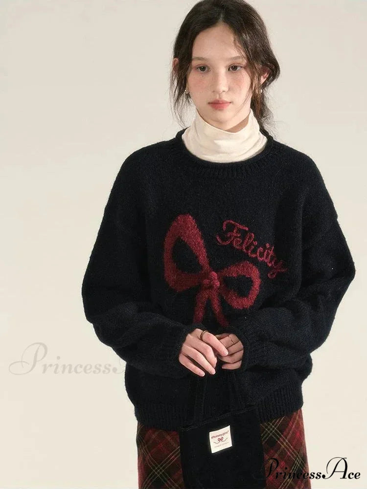 Embroidery Elegant Bow Sweater Black / S