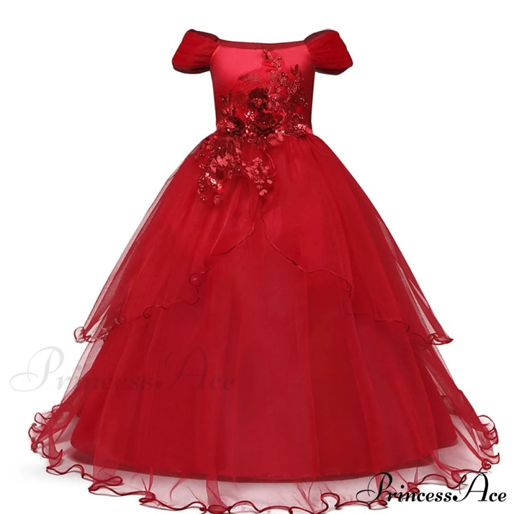 Embroidery Gown 6-14 Lace Wedding Flower Teen Party Girls Birthday Formal For Christmas Clothes Red Kids Dresses Gown