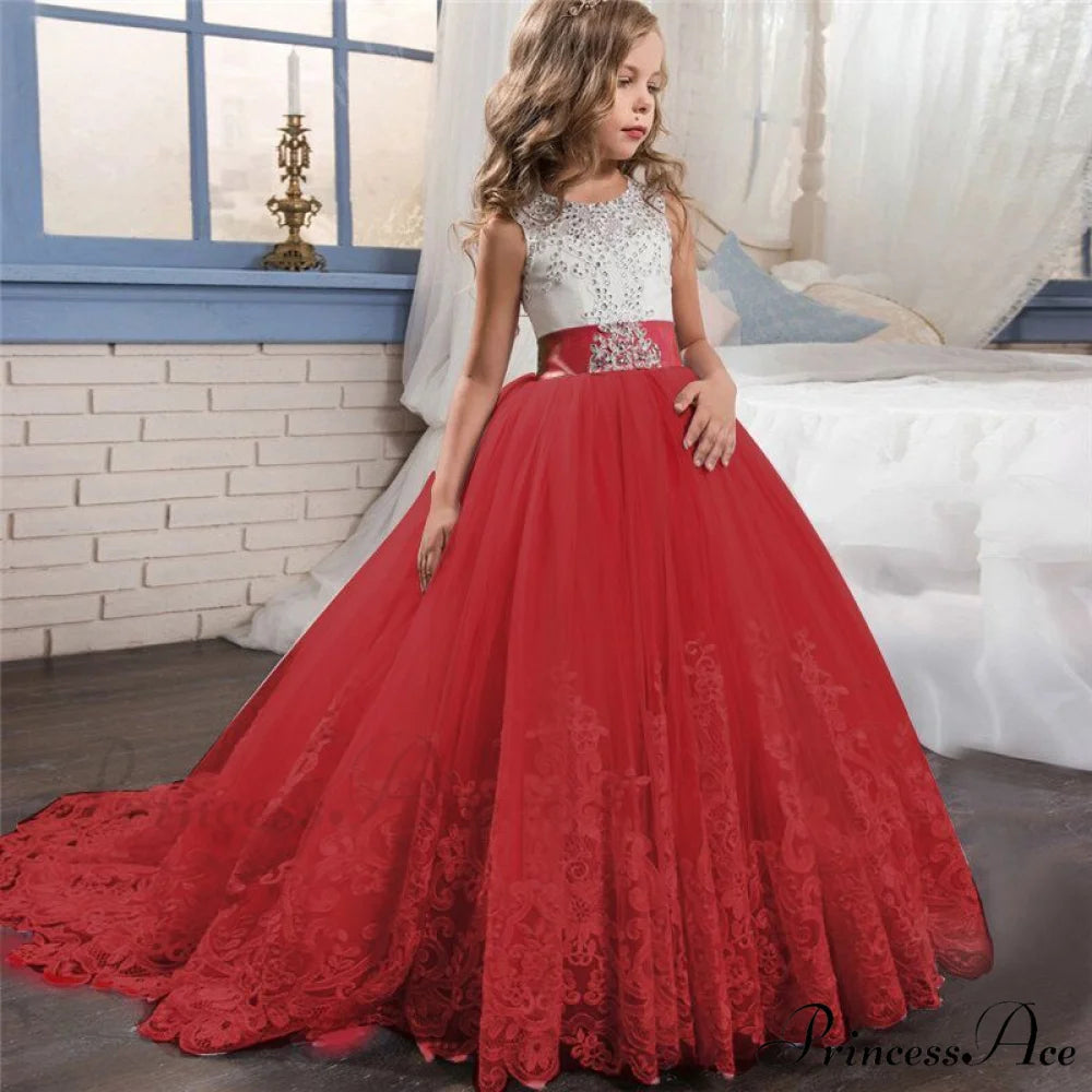 Embroidery Gown 6-14 Lace Wedding Flower Teen Party Girls Birthday Formal For Christmas Clothes Red Kids Dresses Gown