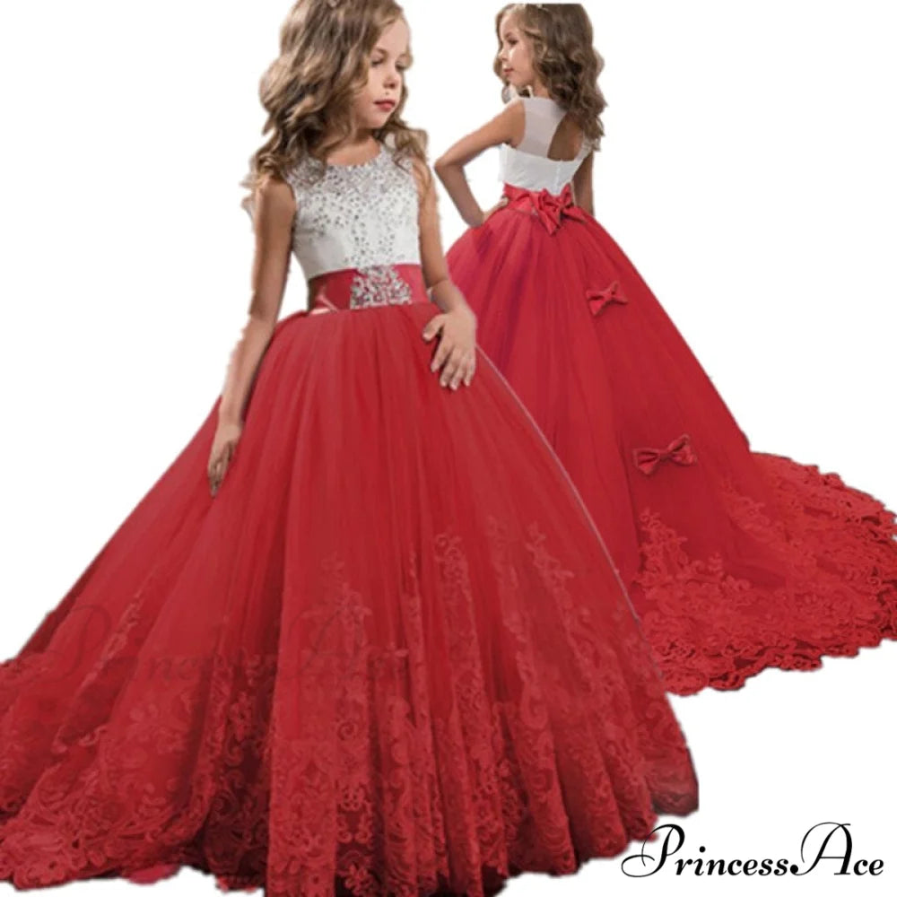 Embroidery Gown 6-14 Lace Wedding Flower Teen Party Girls Birthday Formal For Christmas Clothes Red Kids Dresses Gown