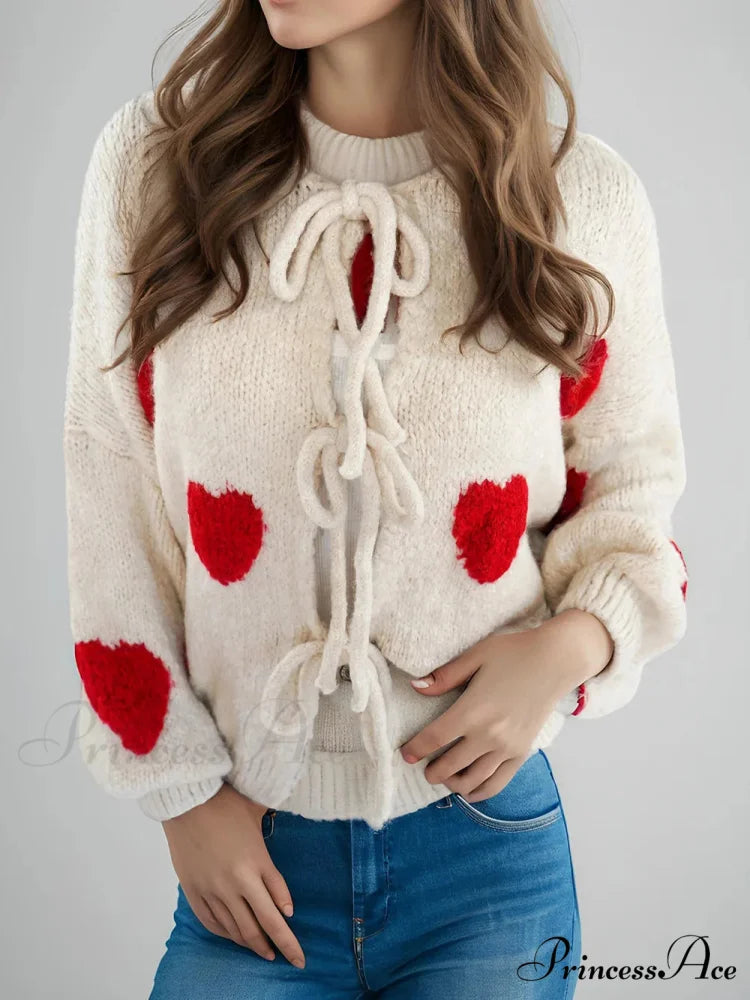 Embroidery Heart Lace-up Cardigan Apricot love / S