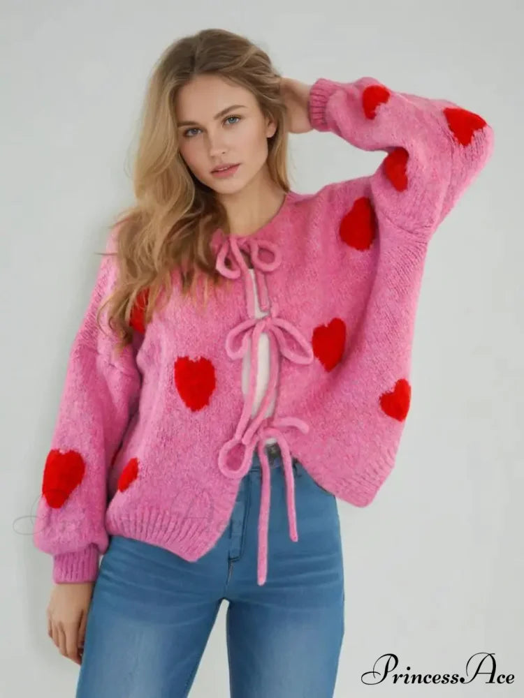 Embroidery Heart Lace-up Cardigan Pink love / S
