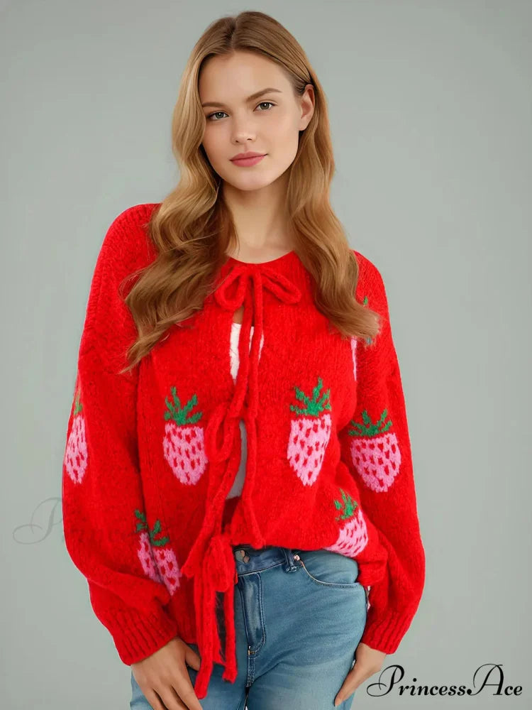 Embroidery Heart Lace-up Cardigan Red strawberry / S
