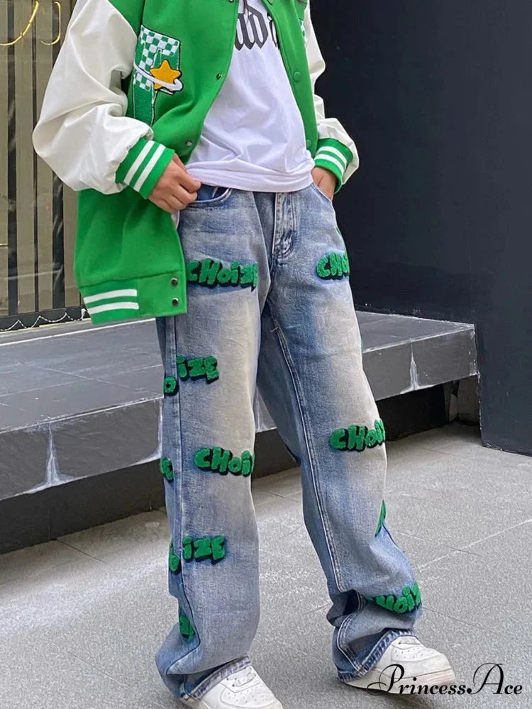 Embroidery Hiphop Flocking Autumn Wide-leg Fashion High Waist Style Pants Jean Blue / S