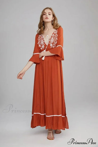 Embroidery Hollow Out Lace Vintage White Boho Dress Brown / S bohodress-250126