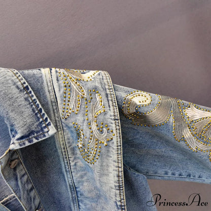Embroidery Rhinestone Denim Jacket Blue / One Size