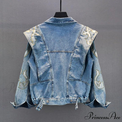 Embroidery Rhinestone Denim Jacket Blue / One Size