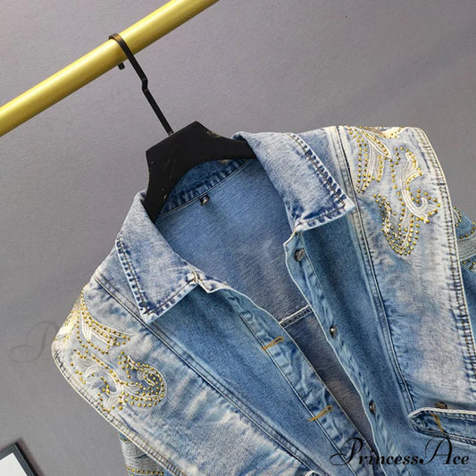 Embroidery Rhinestone Denim Jacket Blue / One Size
