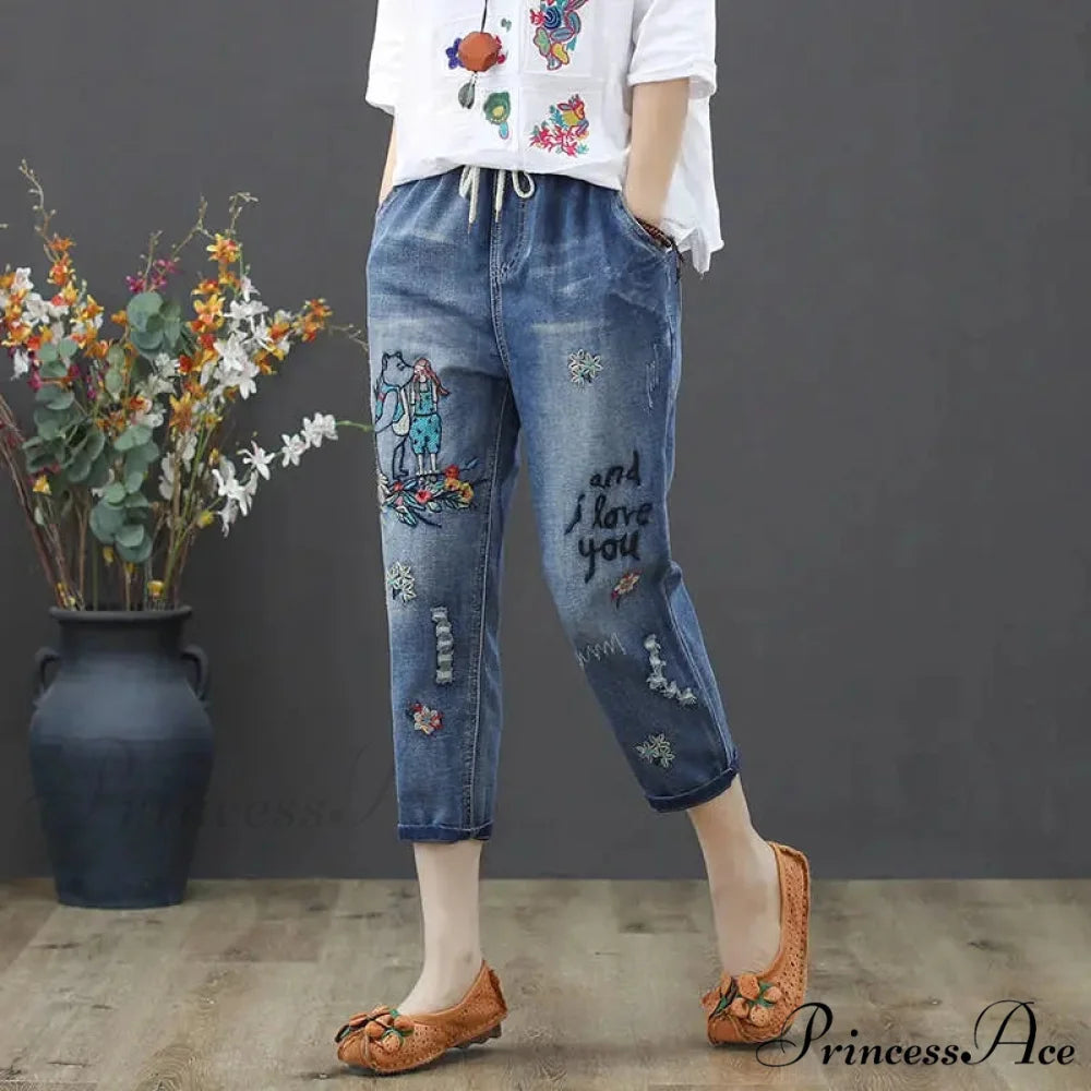 Embroidery Ripped Korean Capris Pants Letters / S 40-45kg
