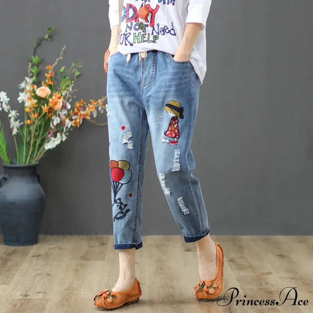 Embroidery Ripped Korean Capris Pants Red 1 / S 40-45kg