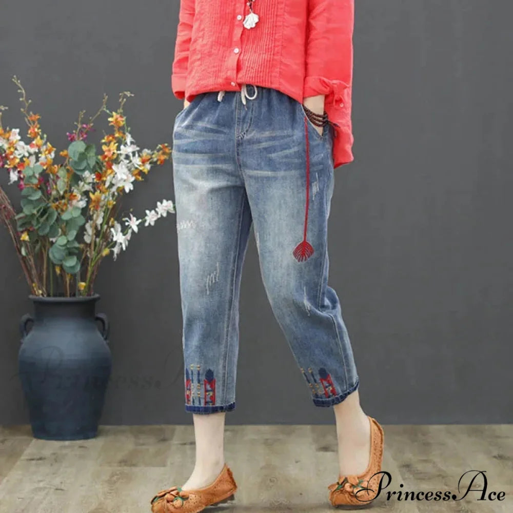 Embroidery Ripped Korean Capris Pants Red 2 / S 40-45kg