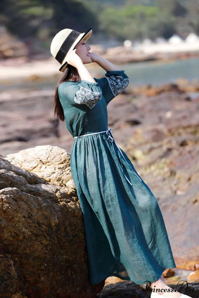 Emerald Embroidered Ramie Dress L / Emerald