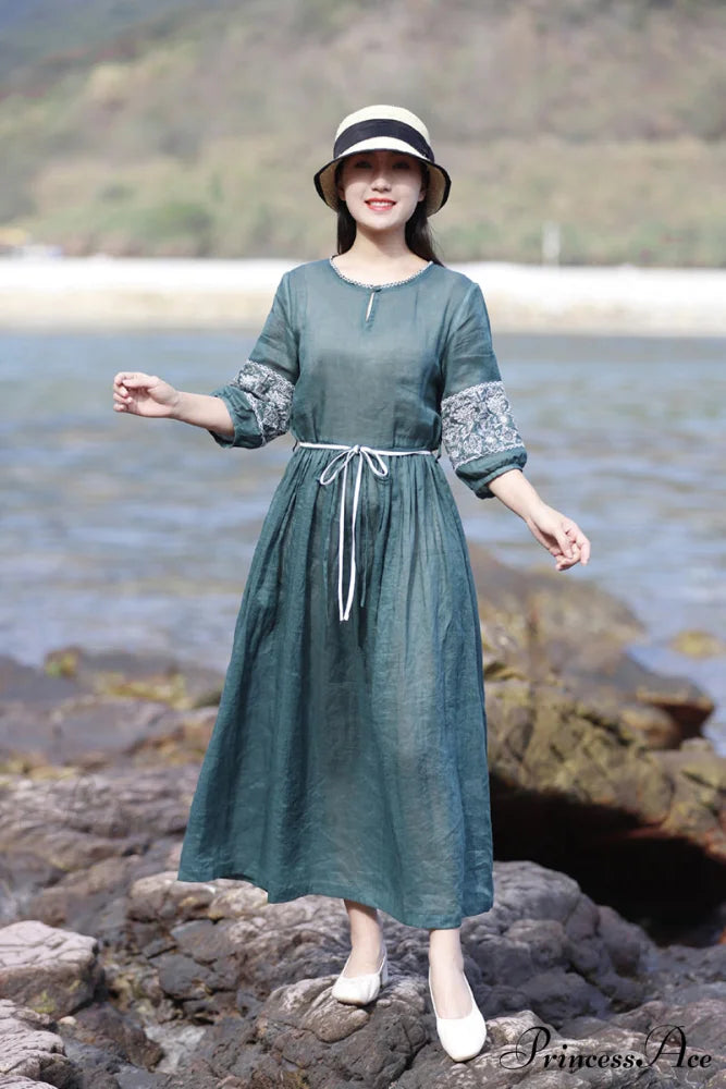 Emerald Embroidered Ramie Dress M / Emerald