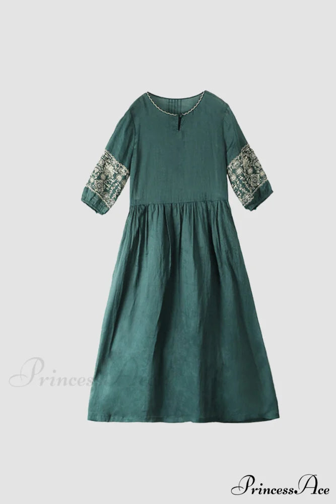 Emerald Embroidered Ramie Dress S / Emerald