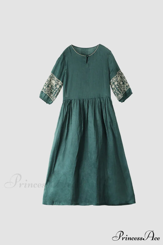 Emerald Embroidered Ramie Dress S / Emerald