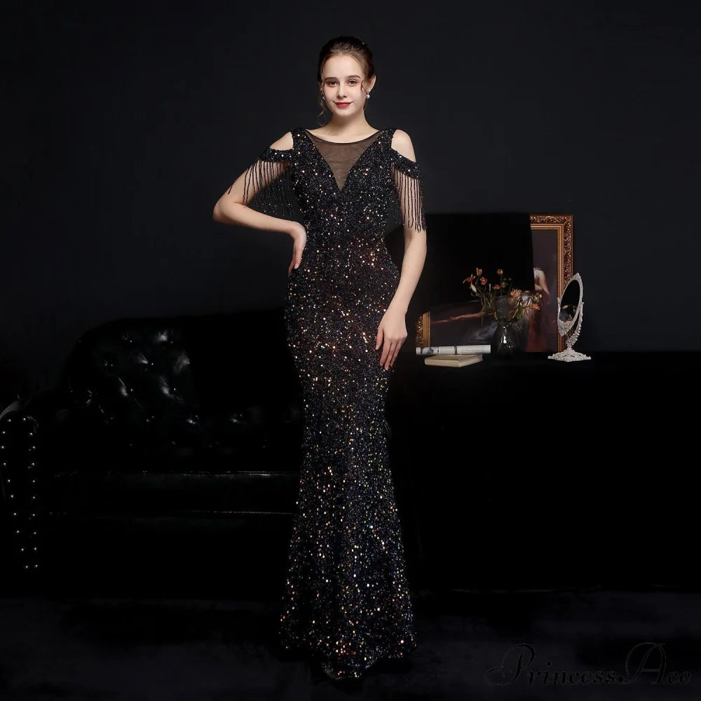 Emery sequined Stylish fringed fishtail dress BLACK / XS