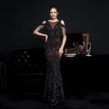 Emery sequined Stylish fringed fishtail dress BLACK / XS