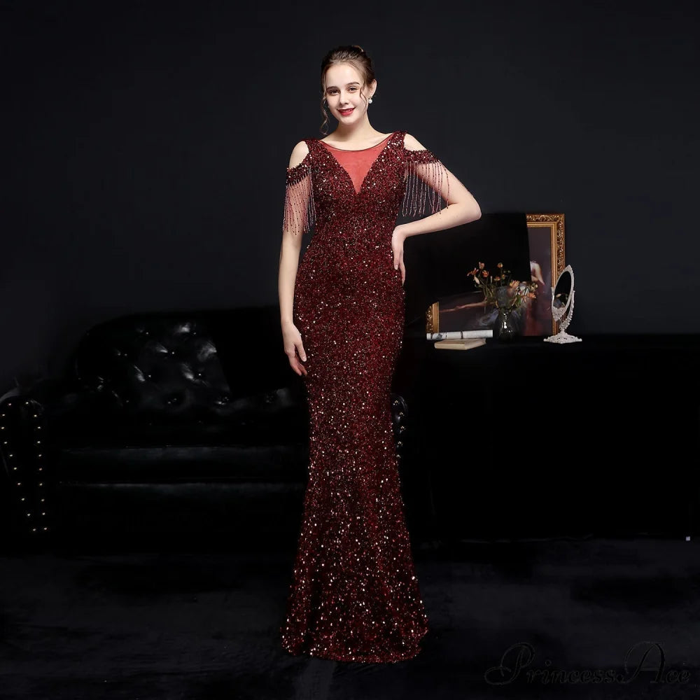 Emery sequined Stylish fringed fishtail dress BURGUNDY / XS