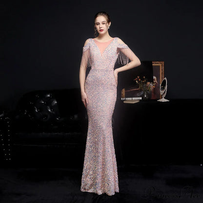Emery sequined Stylish fringed fishtail dress PINK / XS