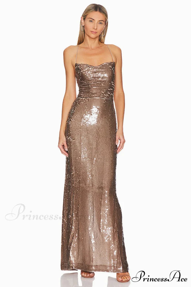 Emilina Sequin Stylish Backless Maxi Dress XS / Champagne