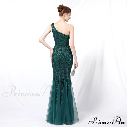 Emily formal one-shoulder Charming sequined mesh fishtail dress