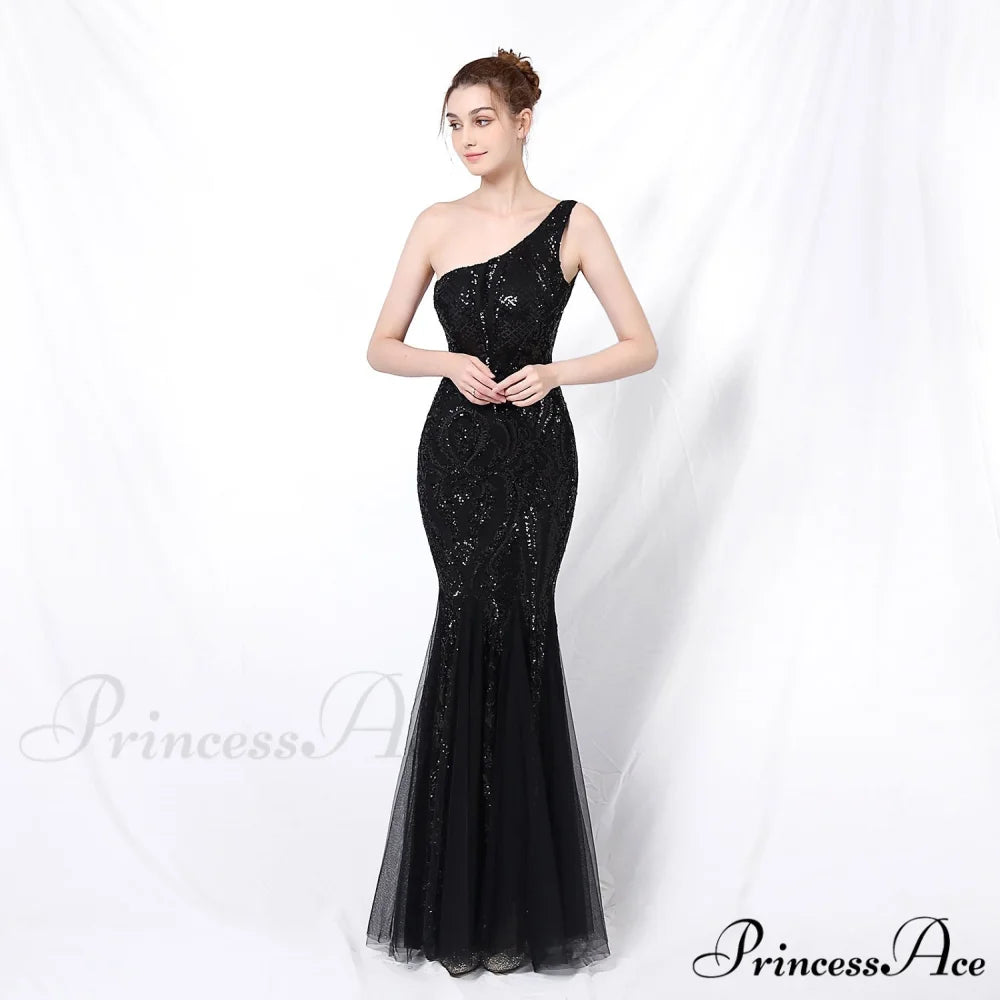 Emily formal one-shoulder Charming sequined mesh fishtail dress BLACK / XS