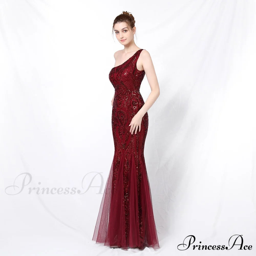 Emily formal one-shoulder Charming sequined mesh fishtail dress BURGUNDY / XS