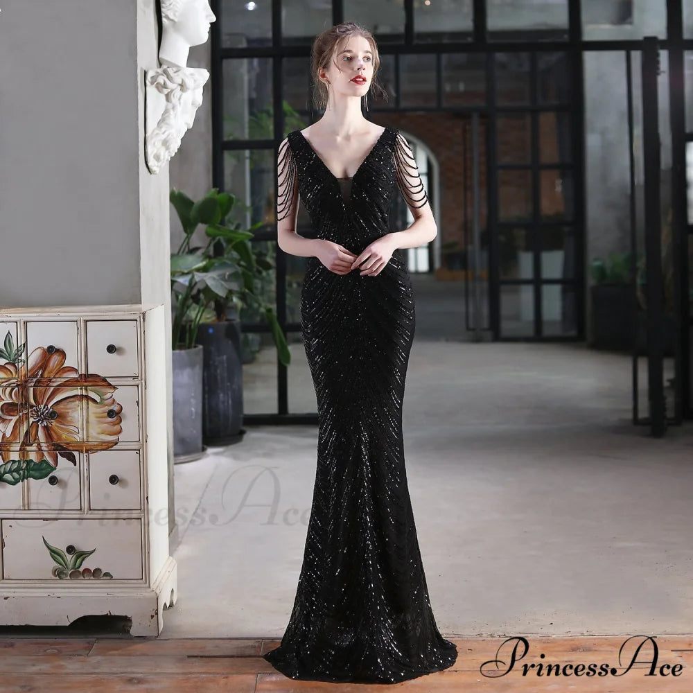 Emily Mermaid Sequin Charming Sleeveless Prom Dress BLACK / XS