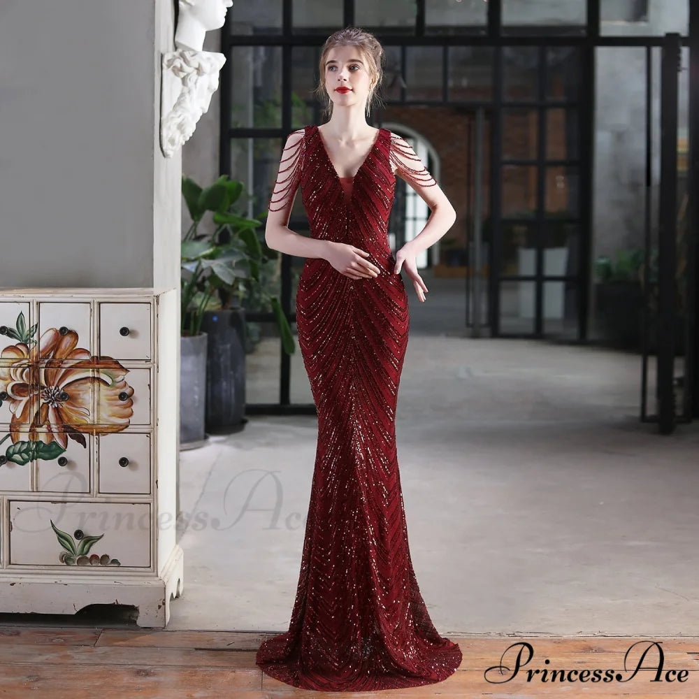 Emily Mermaid Sequin Charming Sleeveless Prom Dress BURGUNDY / XS