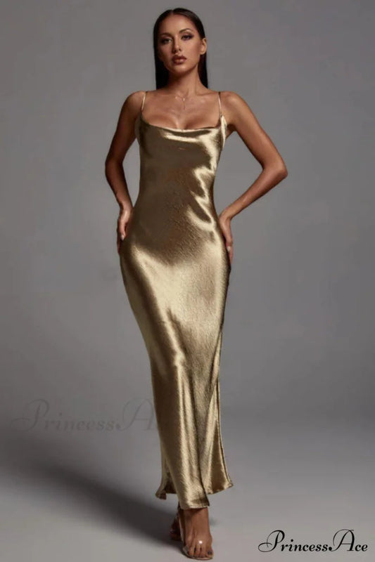Emily Metallic Stylish Gold Maxi Dress S / Gold