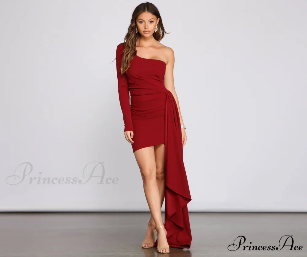 Emily One Shoulder Charming Pleated Asymmetric Mini Dress BURGUNDY / XS