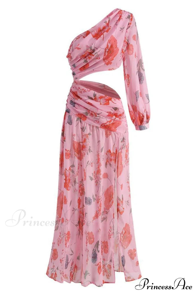Emily Printed Stylish One Shoulder Dress XS / Pink Floral