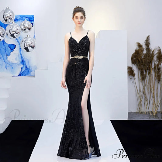 Emma sequined Stylish Formal slit dress BLACK / XS
