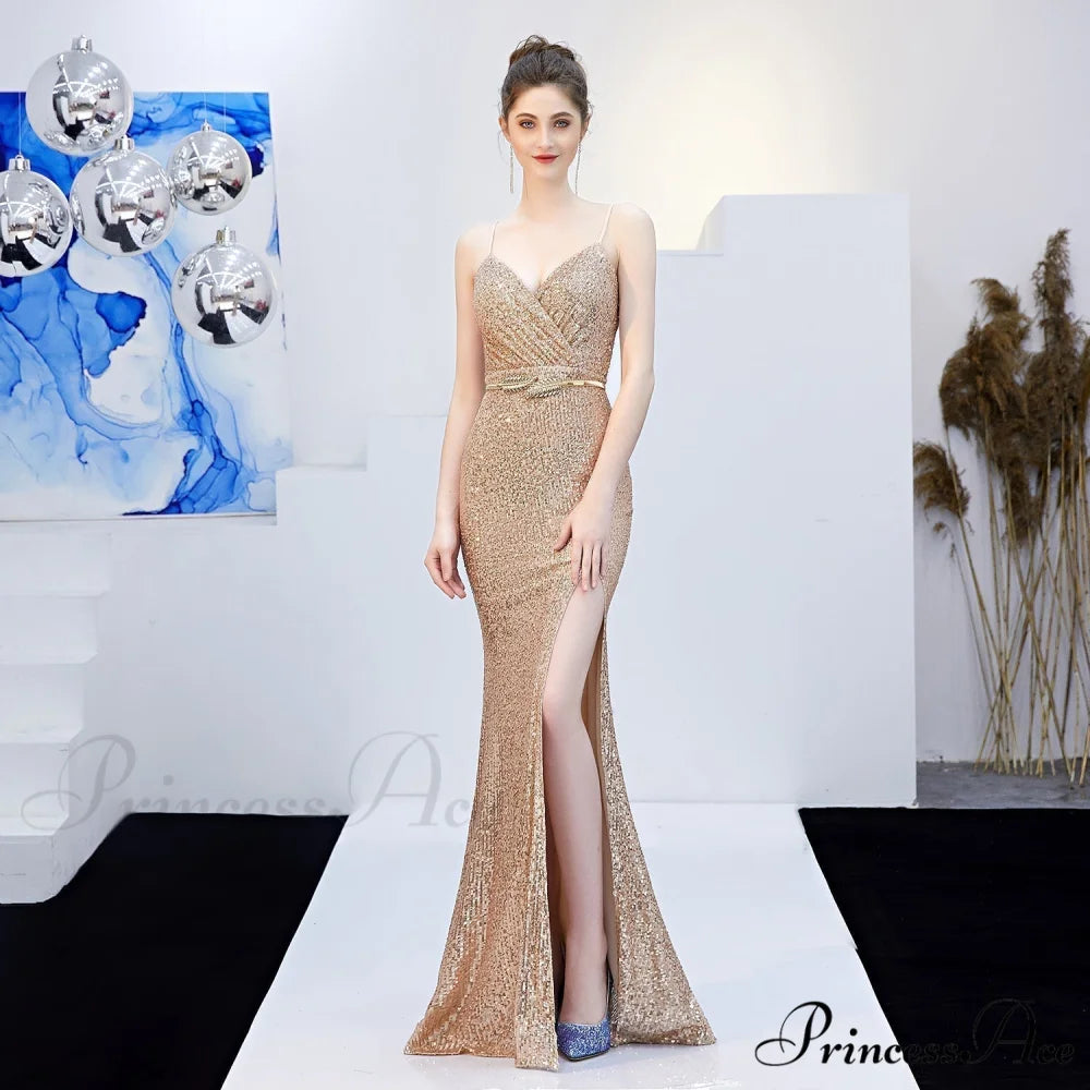 Emma sequined Stylish Formal slit dress CHAMPAGNE GOLD / XS
