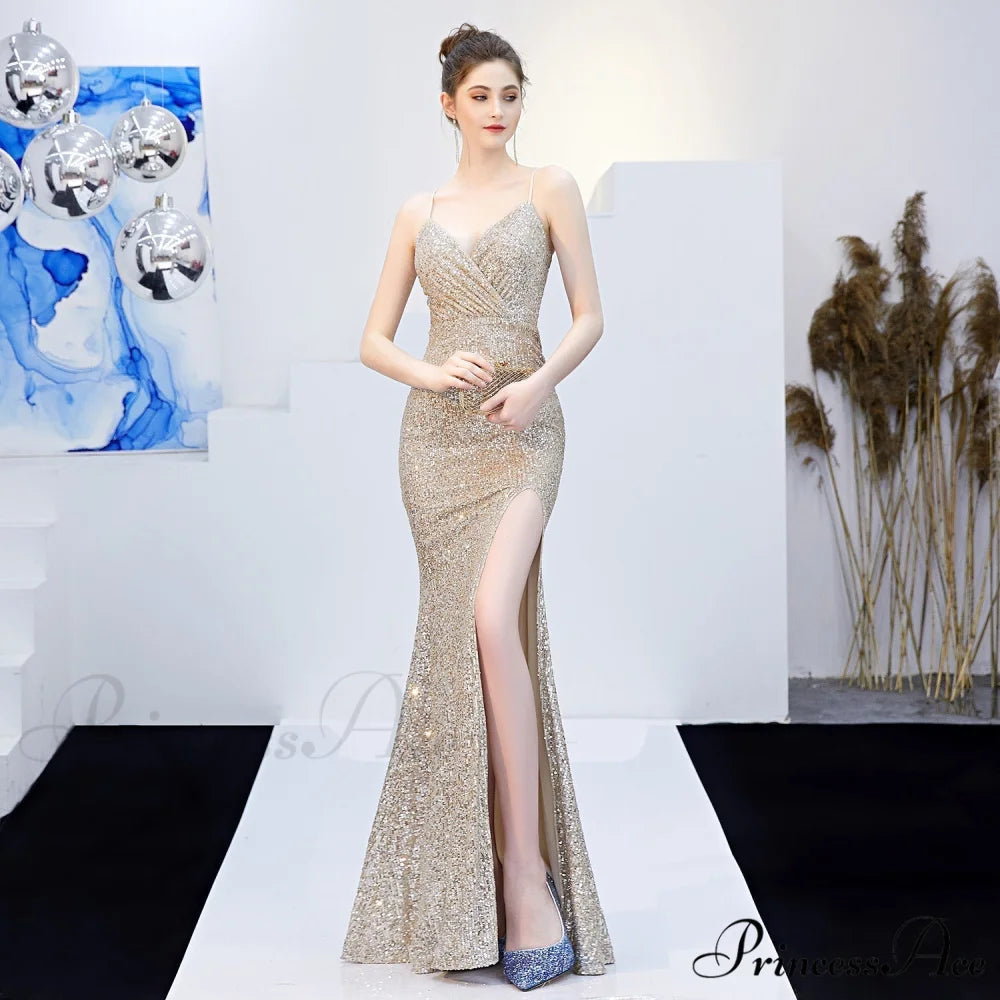Emma sequined Stylish Formal slit dress NATURAL / XS