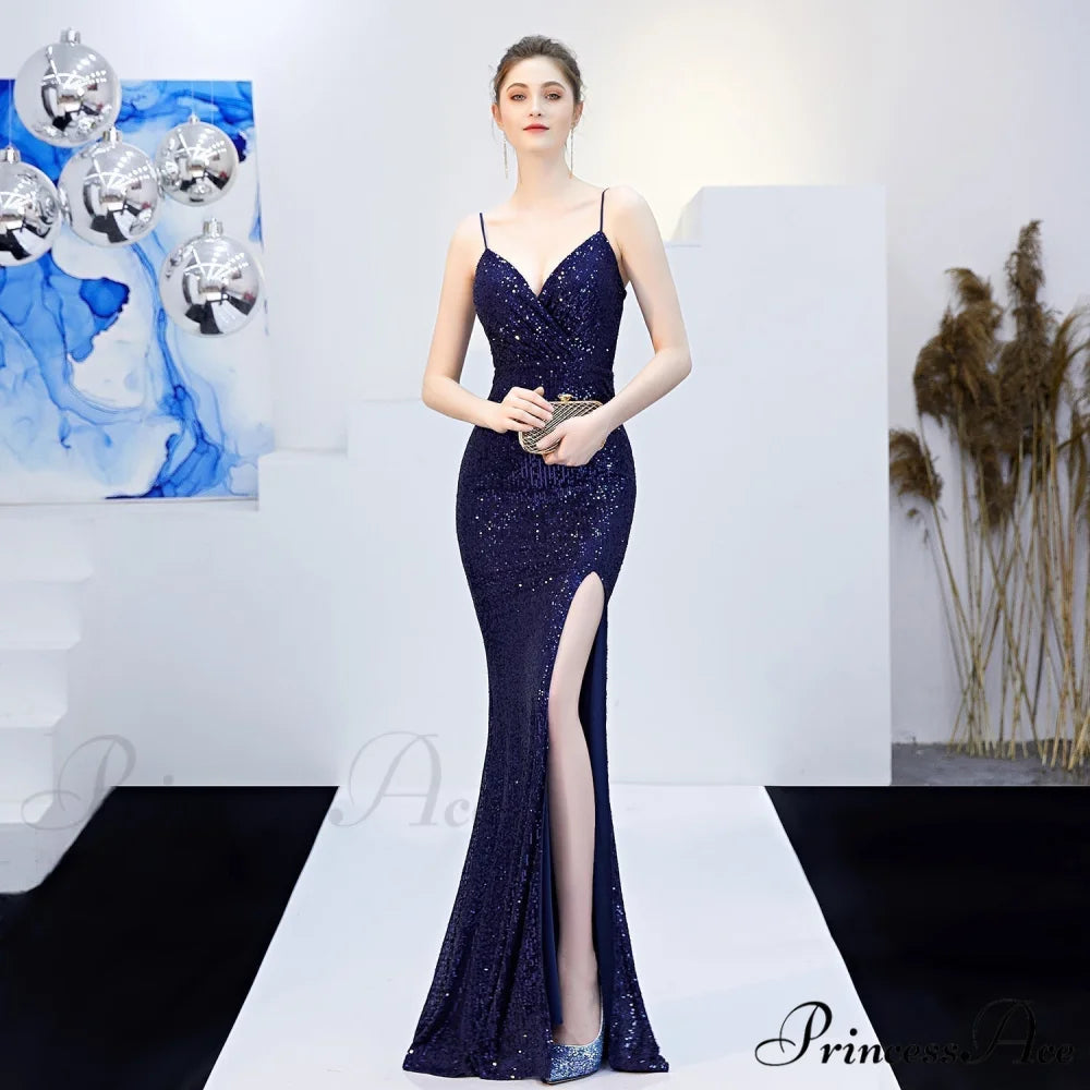 Emma sequined Stylish Formal slit dress NAVY / XS