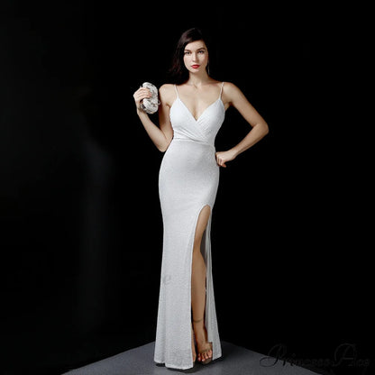 Emma sequined Stylish Formal slit dress WHITE / XS