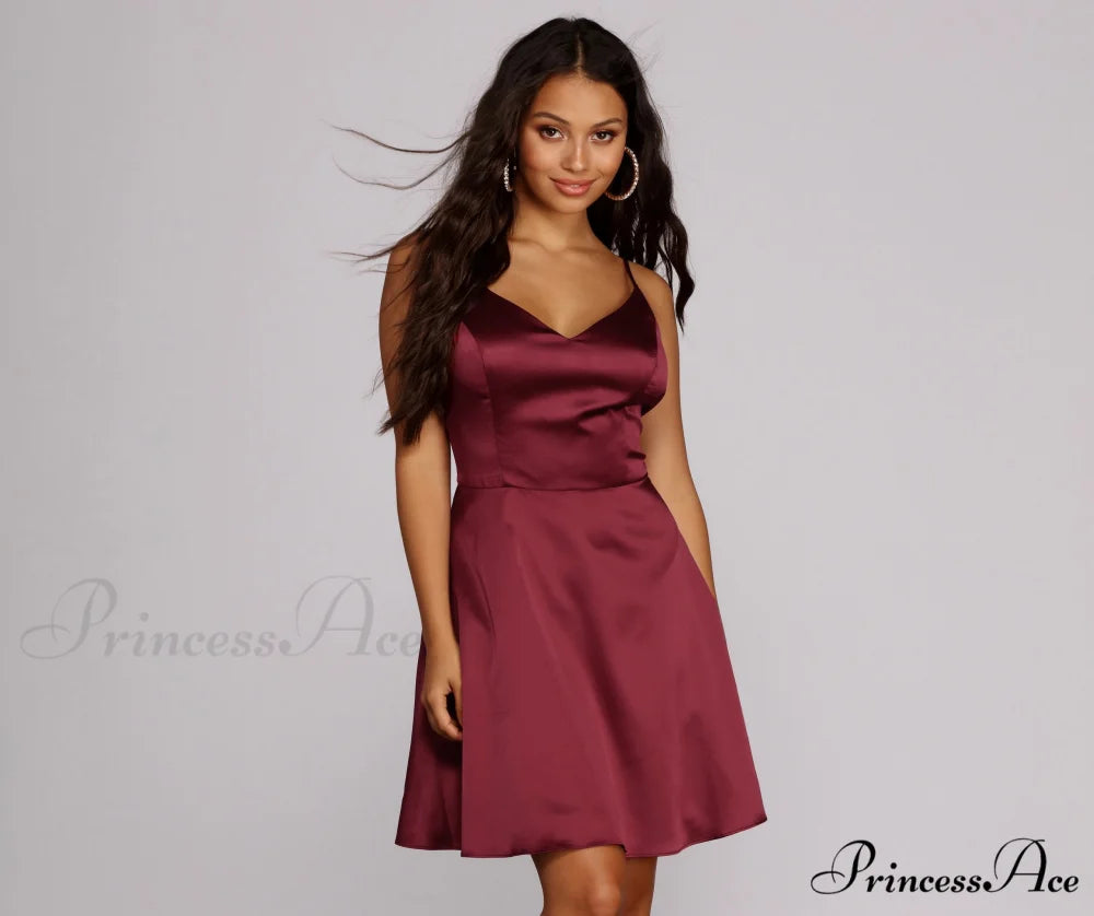 Emme Satin Stylish Party Dress BURGUNDY / 1